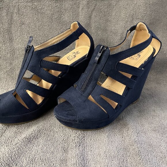 Ashley A Women’s Size 8 Strappy Open Toe Platform Wedges Navy - Picture 3 of 6